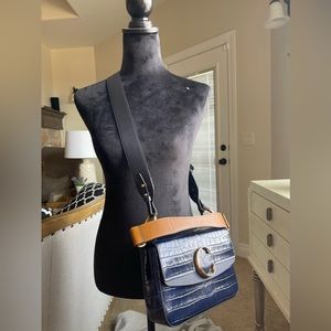 CHLOE Calfskin Crocodile Embossed C Double Carry Full Blue